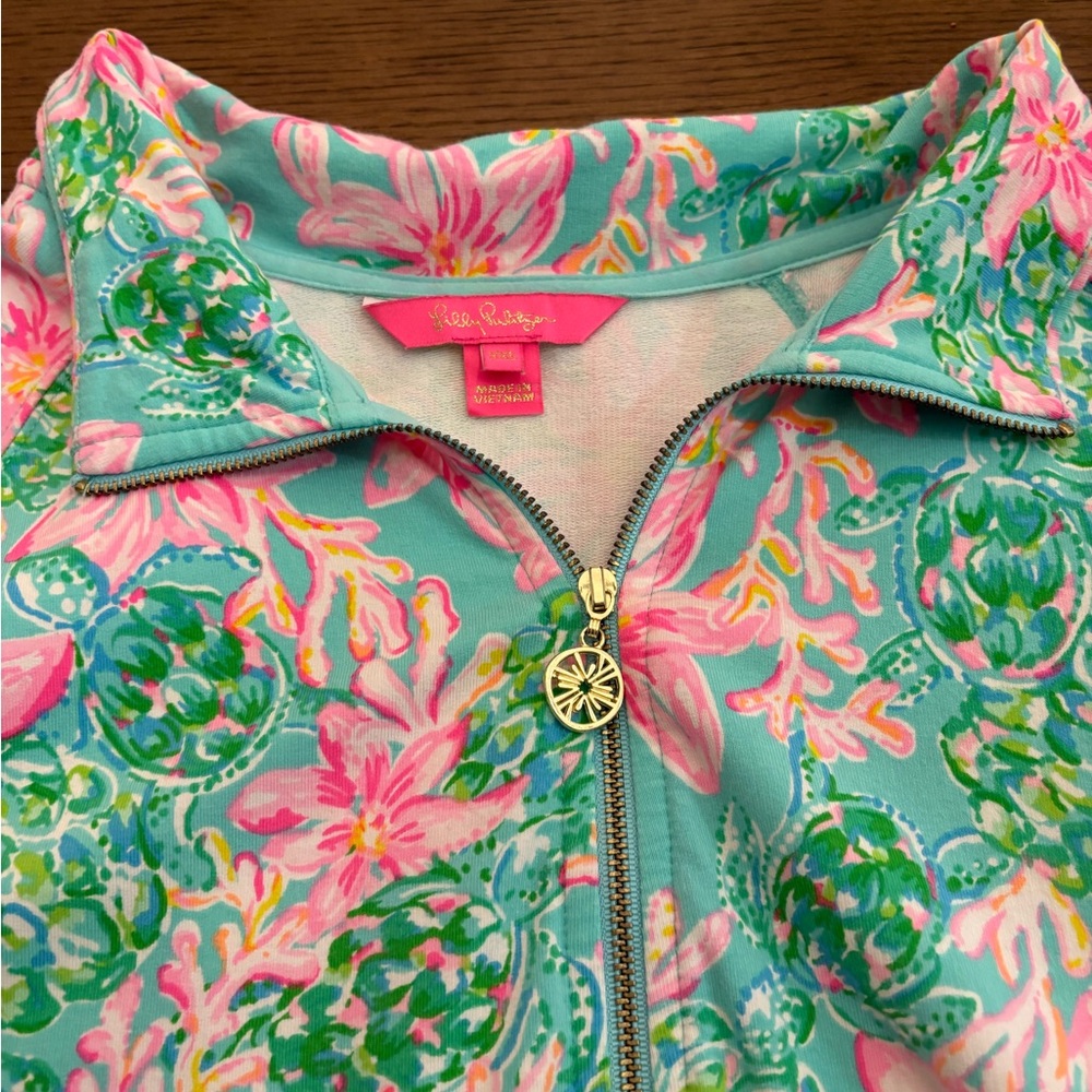 Lilly Pulitzer Quarter Zip- Pink & teal floral print with sea turtles. - Picture 4 of 12